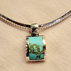 Italian-made vintage sterling silver & turquoise pendant on 16" Omega chain.